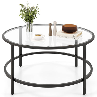 36 Inch Round Coffee Table with Tempered Glass Tabletop-Black