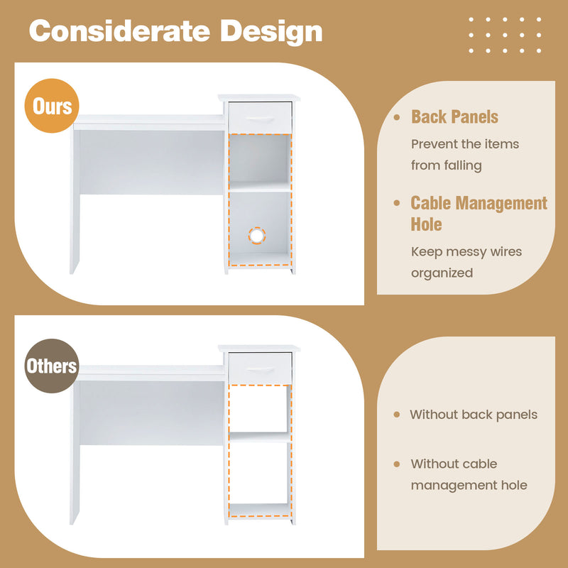 Computer Desk with Drawer Modern Laptop PC Desk with Adjustable Shelf and Cable Hole-White