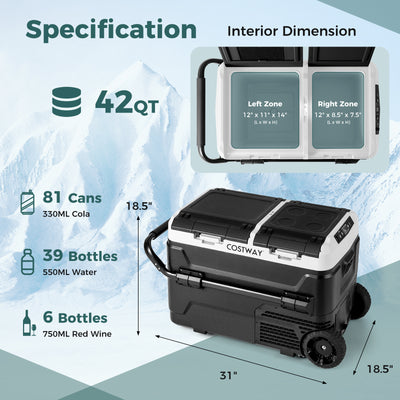 *Dual Zone 12V 42QT Car Refrigerator with Wheels - Black