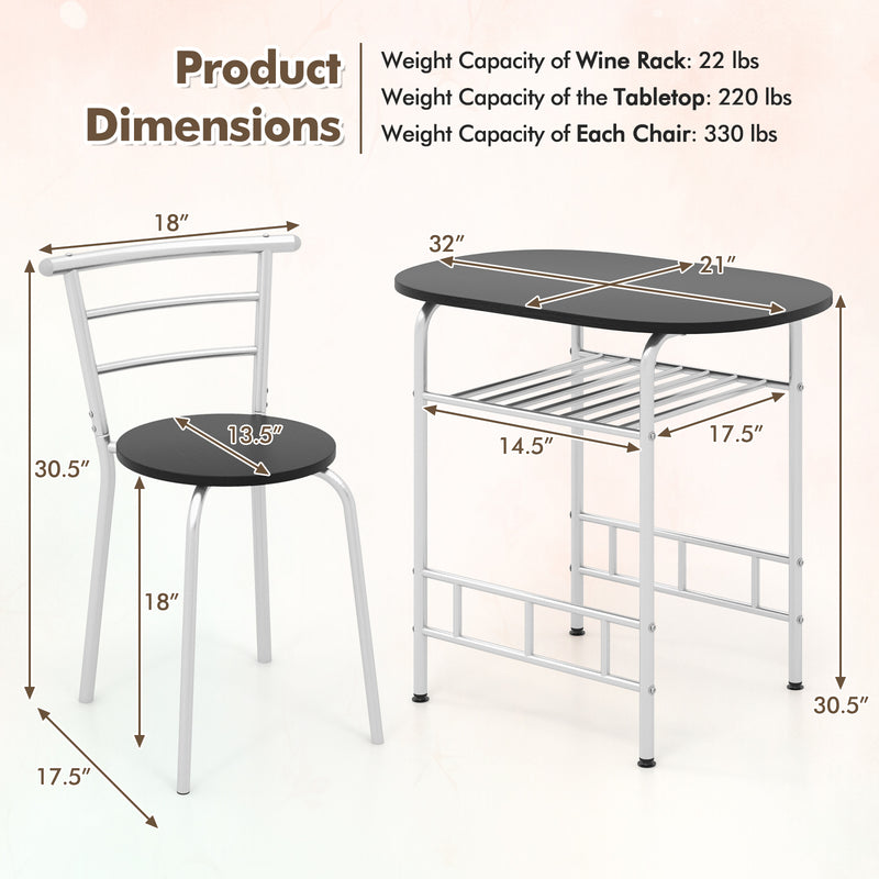 Home Kitchen 3 pcs Bistro Pub Dining Table 2 Chairs Set-Silver