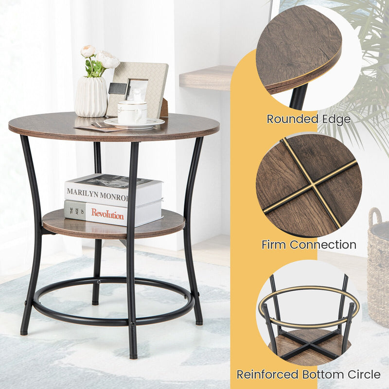 2-Tier Round End Table with Open Storage Shelf and Sturdy Metal Frame-Natural