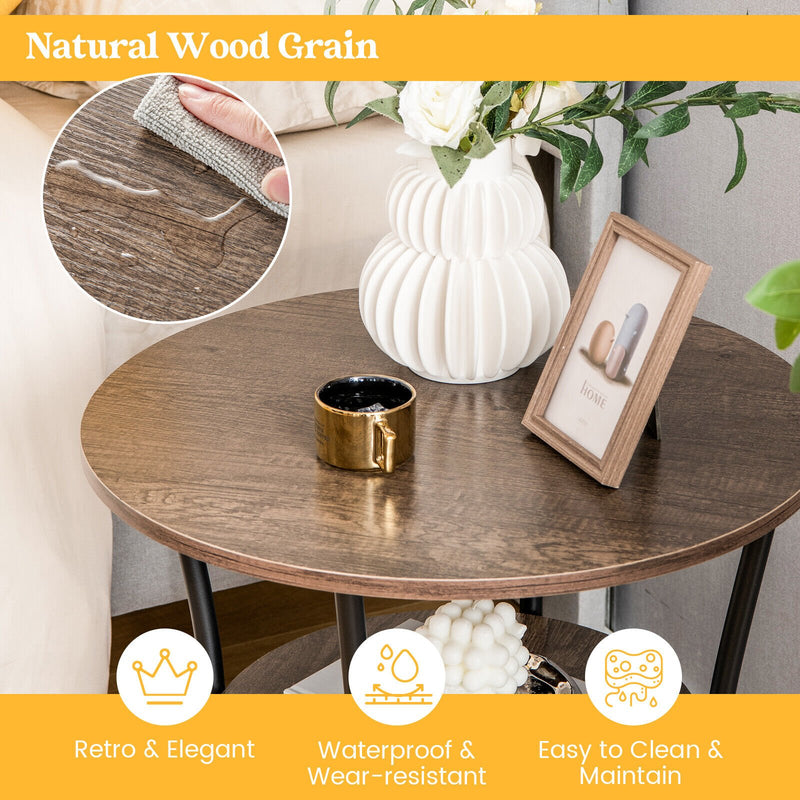 2-Tier Round End Table with Open Storage Shelf and Sturdy Metal Frame-Natural