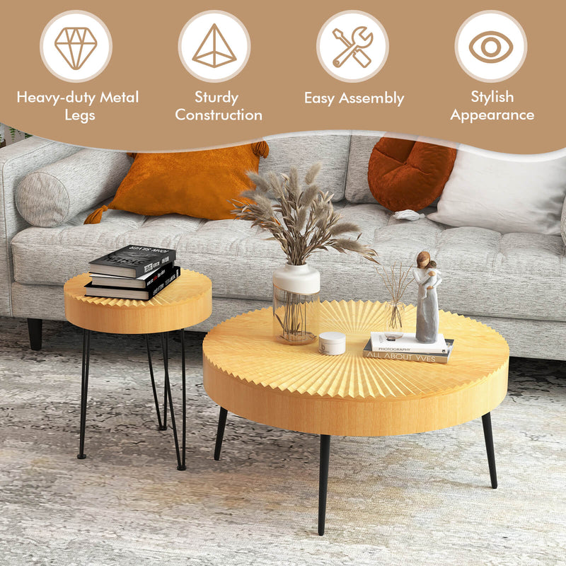 2 Set of Wooden Coffee Table with Metal Legs and Adjustable Foot Pads-Radial Pattern