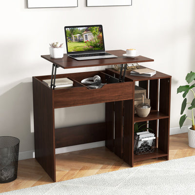 Lift Top Modern Computer Desk with 2 Hidden Compartments and 2 Open Storage Shelves-Walnut