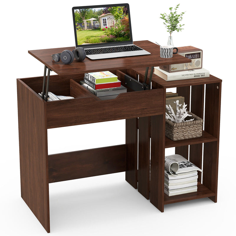 Lift Top Modern Computer Desk with 2 Hidden Compartments and 2 Open Storage Shelves-Walnut