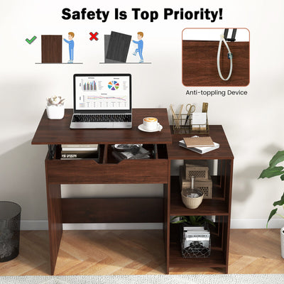 Lift Top Modern Computer Desk with 2 Hidden Compartments and 2 Open Storage Shelves-Walnut