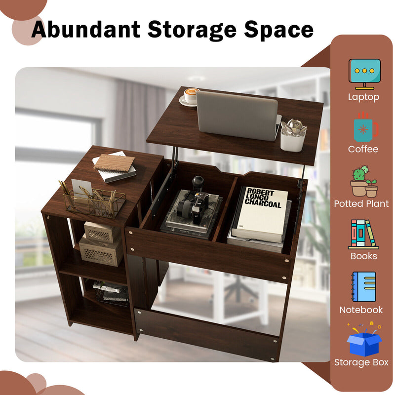 Lift Top Modern Computer Desk with 2 Hidden Compartments and 2 Open Storage Shelves-Walnut