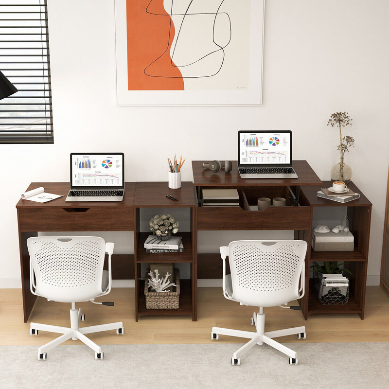 Lift Top Modern Computer Desk with 2 Hidden Compartments and 2 Open Storage Shelves-Walnut