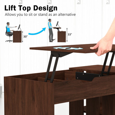 Lift Top Modern Computer Desk with 2 Hidden Compartments and 2 Open Storage Shelves-Walnut