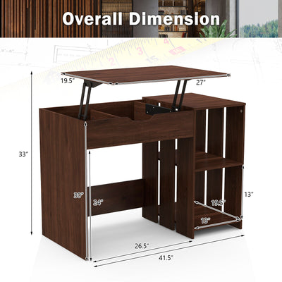 Lift Top Modern Computer Desk with 2 Hidden Compartments and 2 Open Storage Shelves-Walnut