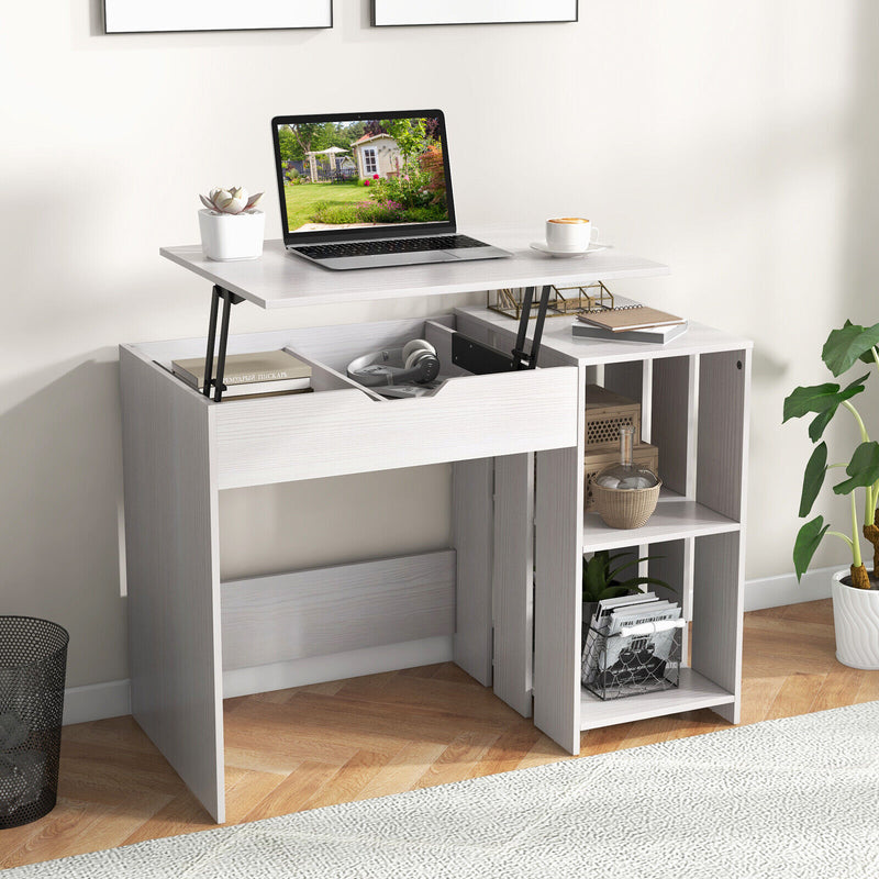 Lift Top Modern Computer Desk with 2 Hidden Compartments and 2 Open Storage Shelves-White
