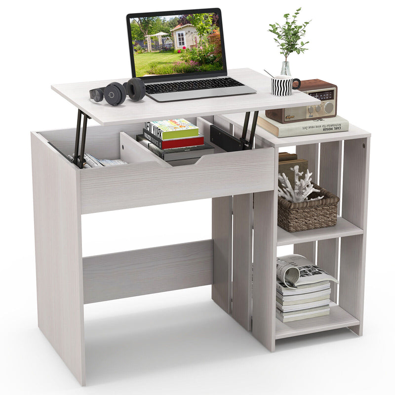 Lift Top Modern Computer Desk with 2 Hidden Compartments and 2 Open Storage Shelves-White