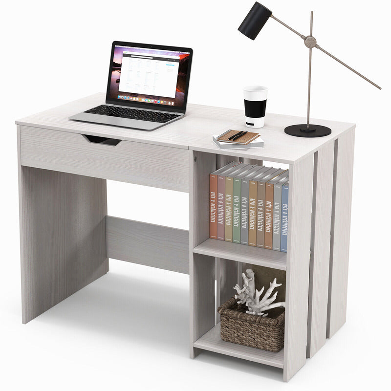Lift Top Modern Computer Desk with 2 Hidden Compartments and 2 Open Storage Shelves-White
