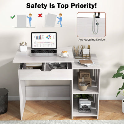 Lift Top Modern Computer Desk with 2 Hidden Compartments and 2 Open Storage Shelves-White