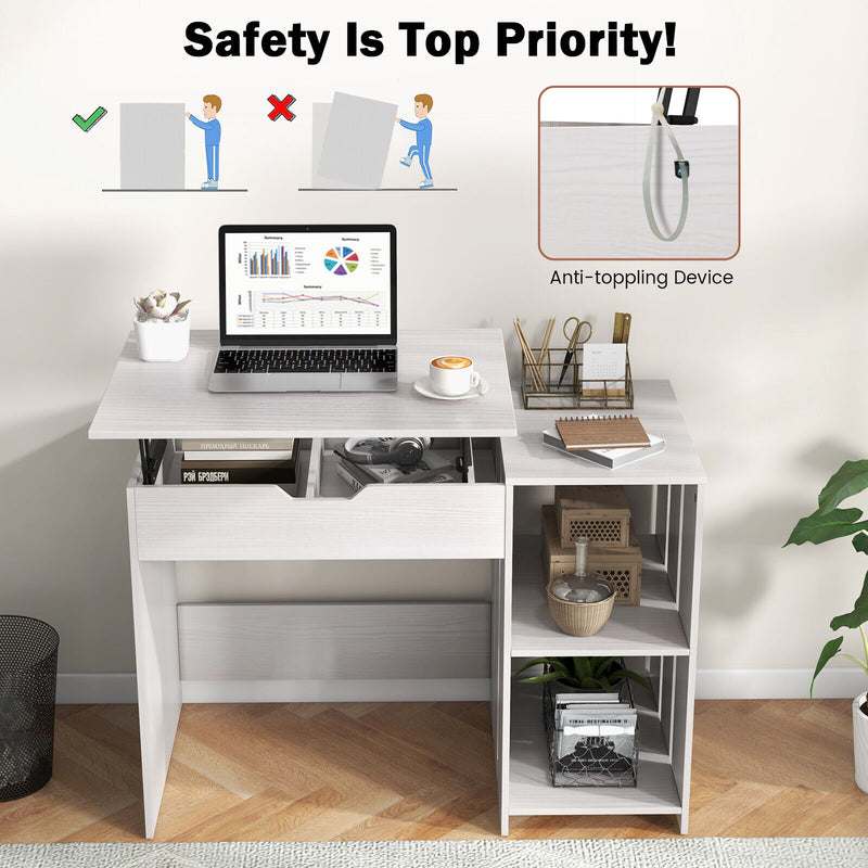 Lift Top Modern Computer Desk with 2 Hidden Compartments and 2 Open Storage Shelves-White