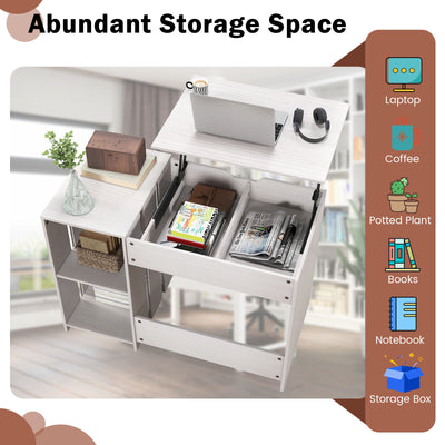 Lift Top Modern Computer Desk with 2 Hidden Compartments and 2 Open Storage Shelves-White