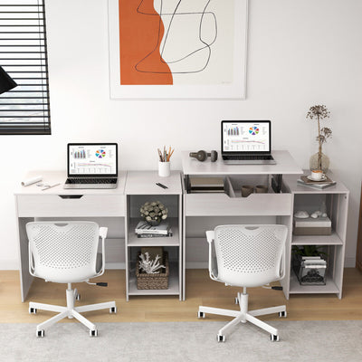 Lift Top Modern Computer Desk with 2 Hidden Compartments and 2 Open Storage Shelves-White
