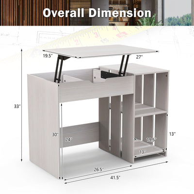 Lift Top Modern Computer Desk with 2 Hidden Compartments and 2 Open Storage Shelves-White