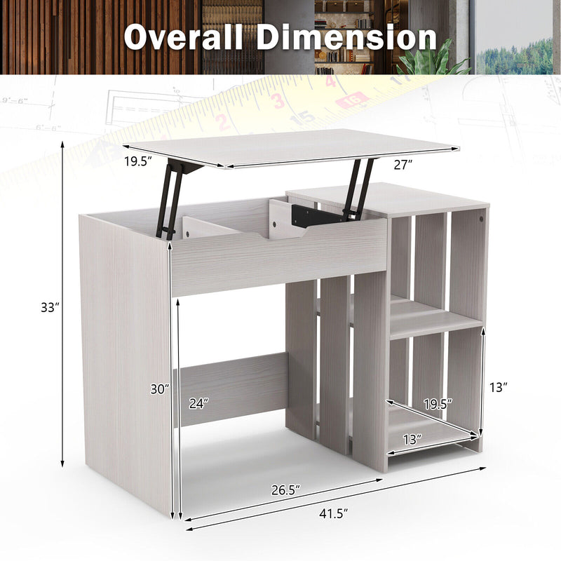 Lift Top Modern Computer Desk with 2 Hidden Compartments and 2 Open Storage Shelves-White