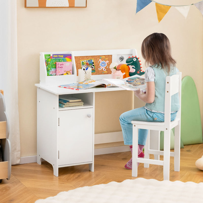 Wooden Kids Study Desk and Chair Set with Storage Cabinet and Bulletin Board-White