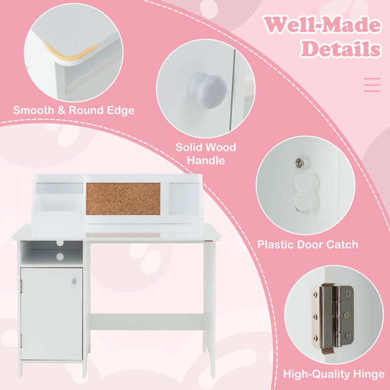 Wooden Kids Study Desk and Chair Set with Storage Cabinet and Bulletin Board-White