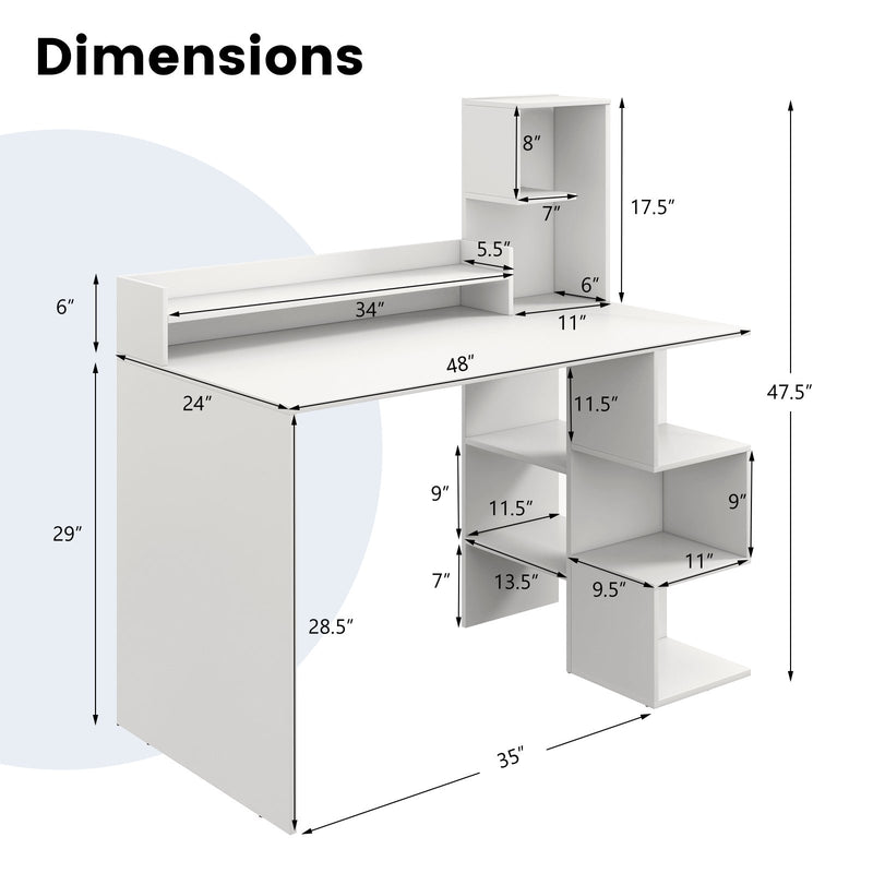 Modern Computer Desk with Storage Bookshelf and Hutch for Home Office-White