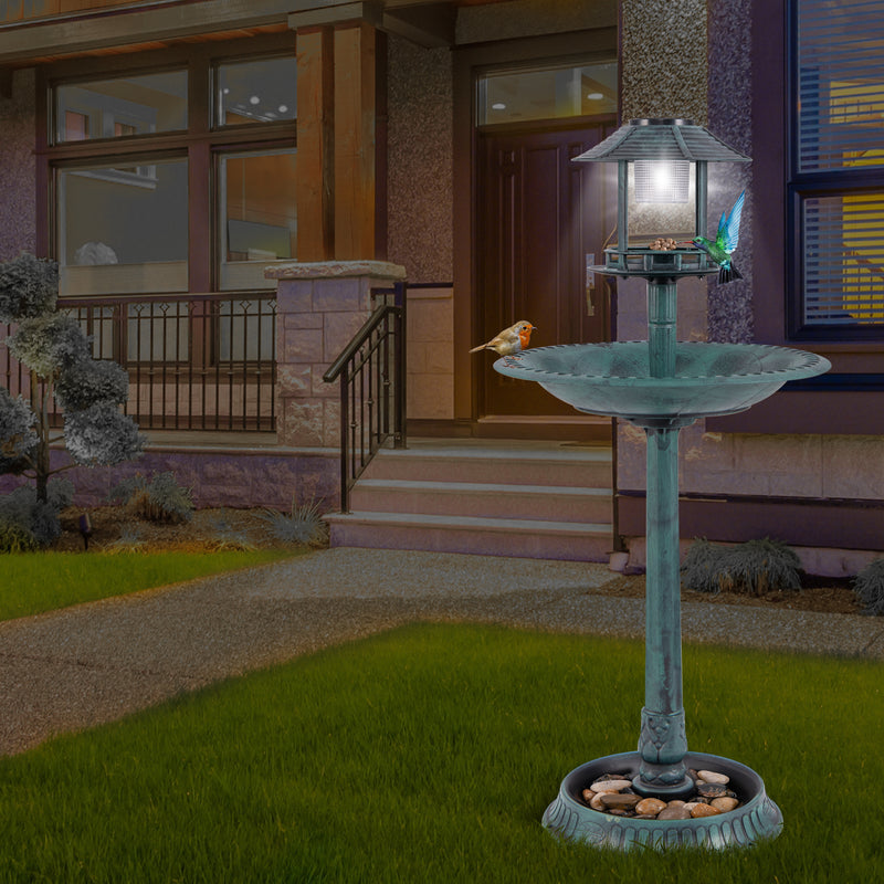 *Pedestal Bird Bath with Solar Light with Bird Feeder and Flower Planter - Green