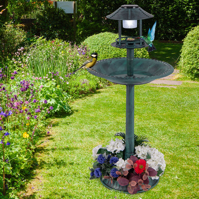 *Pedestal Bird Bath with Solar Light with Bird Feeder and Flower Planter - Green