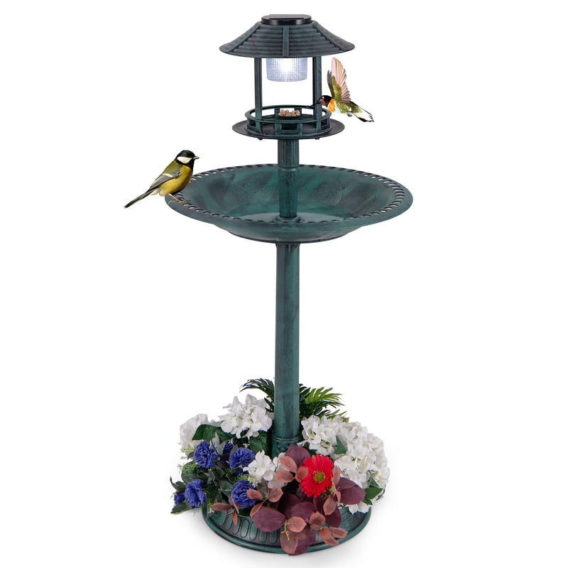 *Pedestal Bird Bath with Solar Light with Bird Feeder and Flower Planter - Green