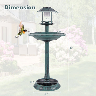 *Pedestal Bird Bath with Solar Light with Bird Feeder and Flower Planter - Green