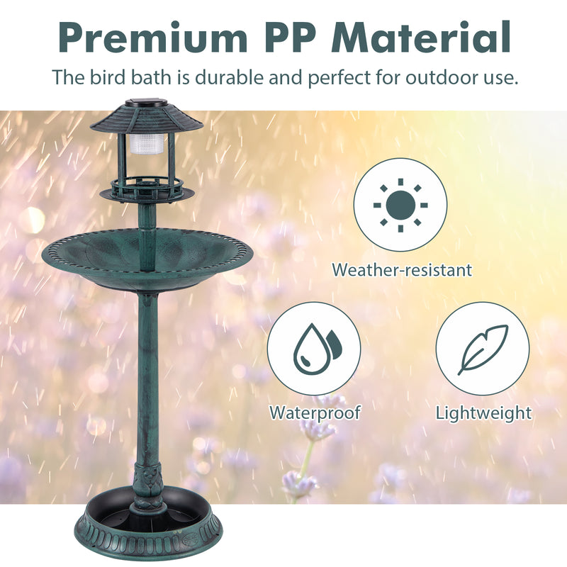 *Pedestal Bird Bath with Solar Light with Bird Feeder and Flower Planter - Green
