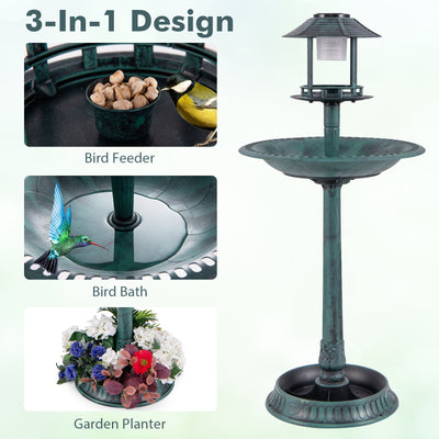 *Pedestal Bird Bath with Solar Light with Bird Feeder and Flower Planter - Green