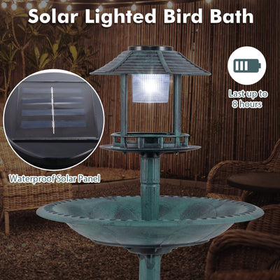 *Pedestal Bird Bath with Solar Light with Bird Feeder and Flower Planter - Green