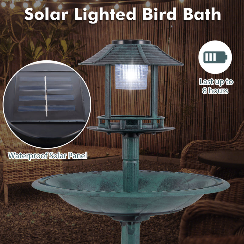 *Pedestal Bird Bath with Solar Light with Bird Feeder and Flower Planter - Green