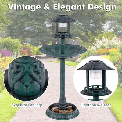 *Pedestal Bird Bath with Solar Light with Bird Feeder and Flower Planter - Green