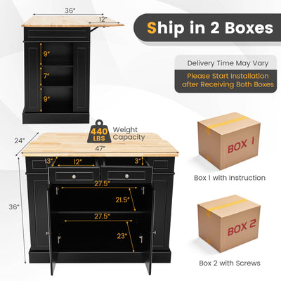 Kitchen Island with Storage and 3-Level Adjustable Shelves-Black