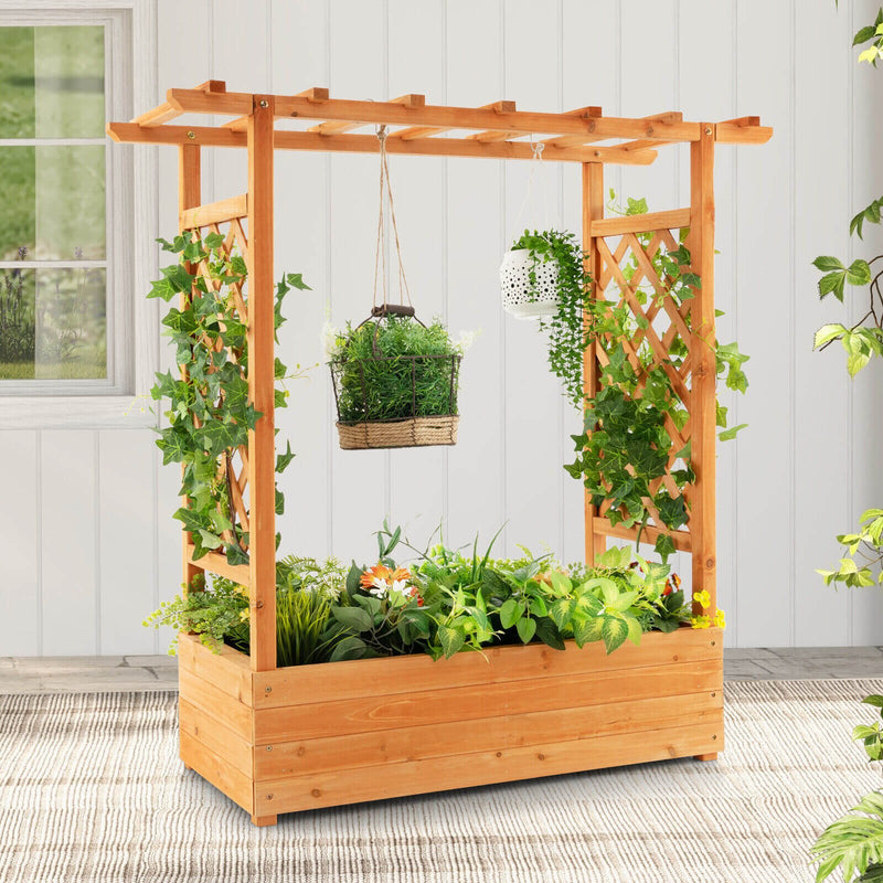 Raised Garden Bed with Trellis or Climbing Plant and Pot Hanging-Natural