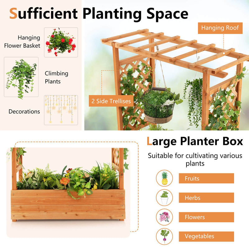 Raised Garden Bed with Trellis or Climbing Plant and Pot Hanging-Natural