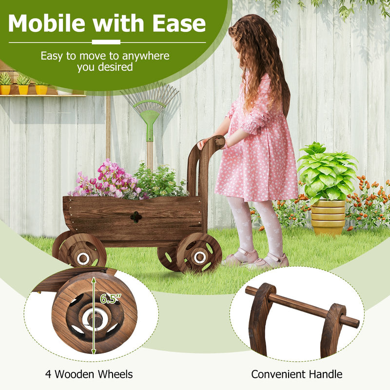 Decorative Wooden Wagon Cart with Handle Wheels and Drainage Hole-Rustic Brown