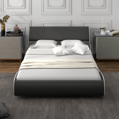Upholstered Platform Bed Frame Low Profile Faux Leather with Curved Headboard-Full Size