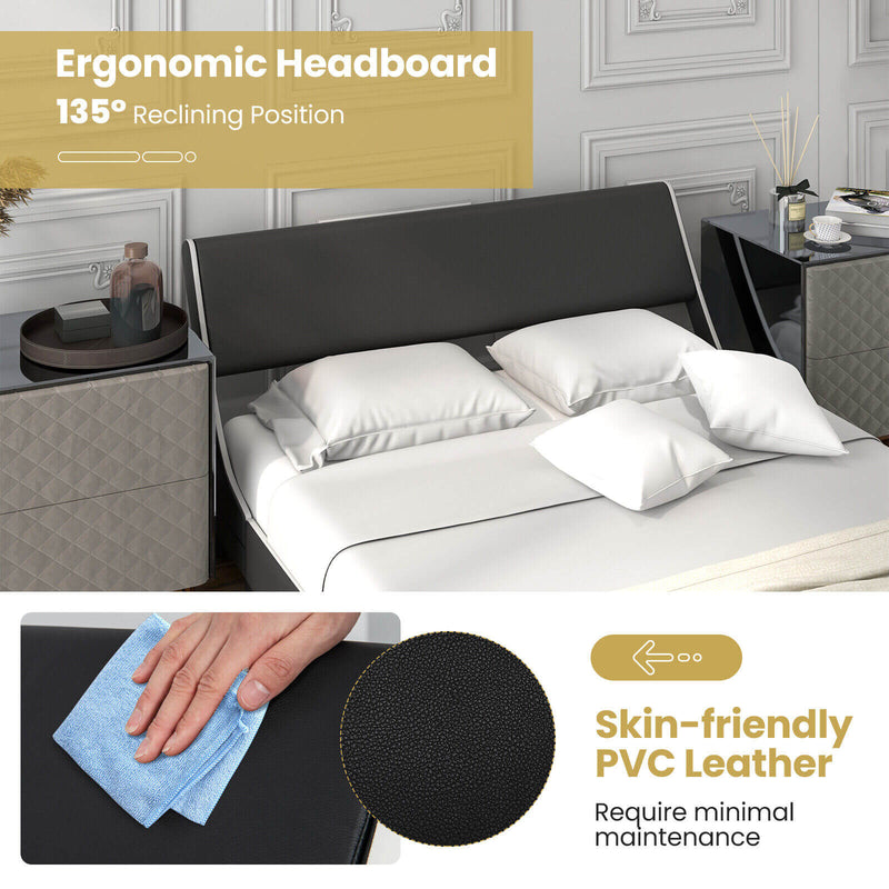 Upholstered Platform Bed Frame Low Profile Faux Leather with Curved Headboard-Full Size
