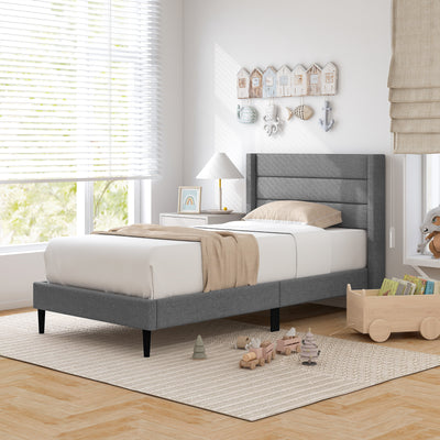 Linen Upholstered Platform Twin/Queen Bed Frame with Wingback Headboard-Twin Size