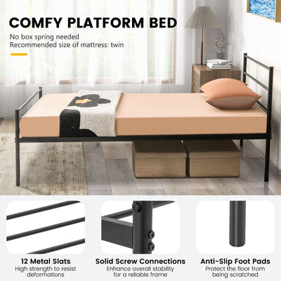Twin Size Metal Bed Frame Platform with Headboard-Black