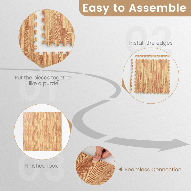 12 Tiles Wood Grain Foam Floor Mats with Borders