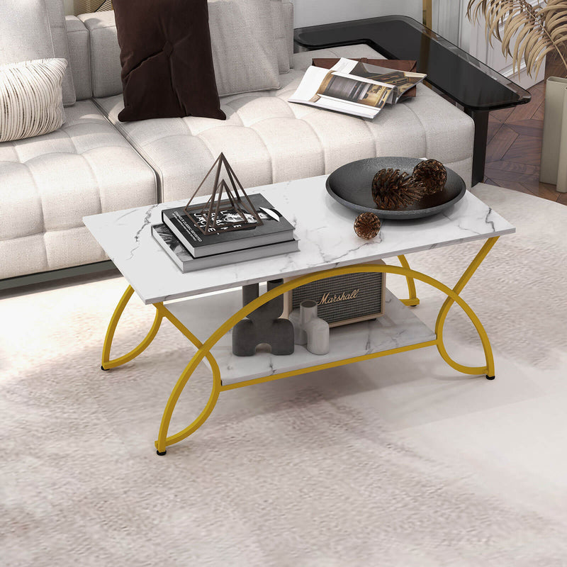 2-Tier Coffee Table Gold Rectangle for Living Room-Golden
