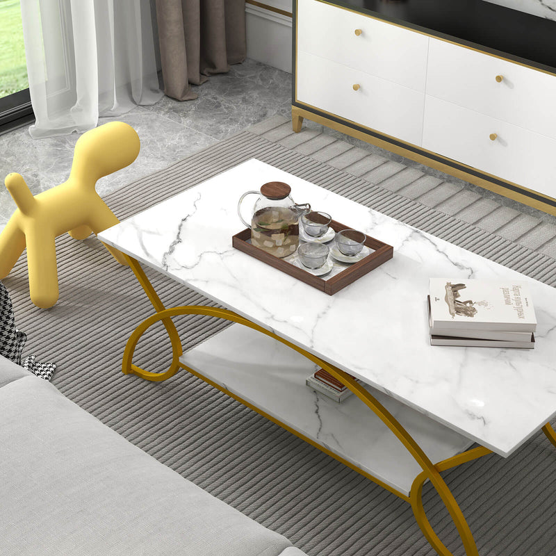 2-Tier Coffee Table Gold Rectangle for Living Room-Golden