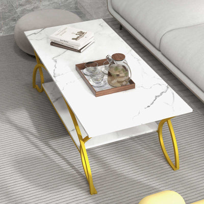 2-Tier Coffee Table Gold Rectangle for Living Room-Golden