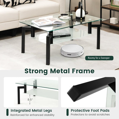 2-Tier Rectangular Glass Coffee Table with Metal Tube Legs-Black