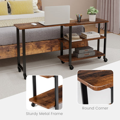 360° Rotating Sofa Side Table with Storage Shelves and Wheels-Rustic Brown