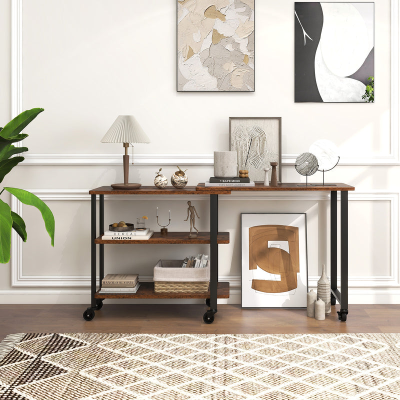360° Rotating Sofa Side Table with Storage Shelves and Wheels-Rustic Brown